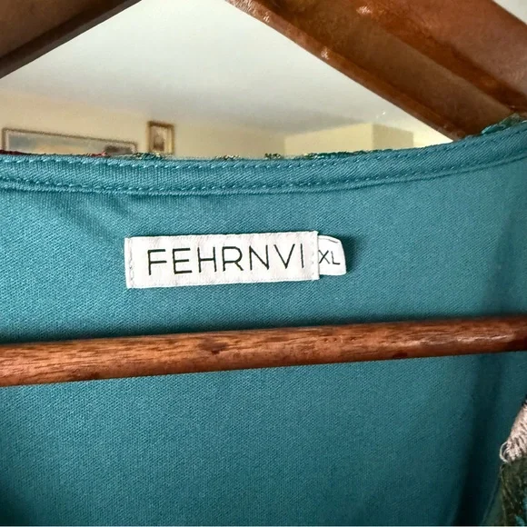 Fehrnvi Green and Teal Floral Embroidered Tulle Faux Wrap Maxi Dress - Picture 6 of 9